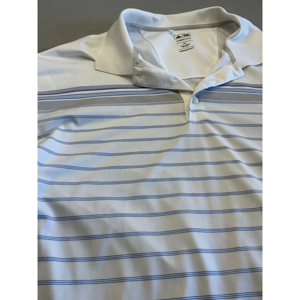 Adidas Vintage Polo Shirt White Blue Striped Short‎ Sleeve Mens XL Golf Athletic
